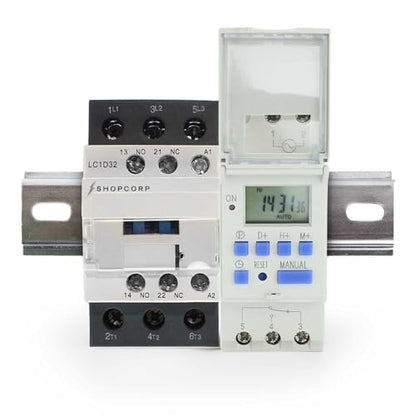 3 Pole Contactor 30 amp Normally Open, Auxiliary 1NO/1NC 110/120V Coil, Motor Load 32A, Lighting 40A, 50A - AC Contactor Bundle with Programmable Timer Relay and DIN Rail 35 x 150 mm - style: 3 Poles Contactor + Timer