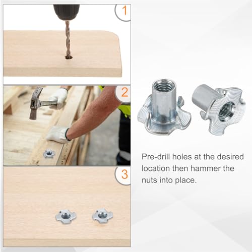 HARFINGTON M6x14mm T-Nuts 4 Pronged Tee Nut 0.69" x 0.55" Fully Thread Carbon Steel Inserts for Wood, Rock Climbing Holds, Cabinetry, Furniture 50pcs - size: M6x14mm