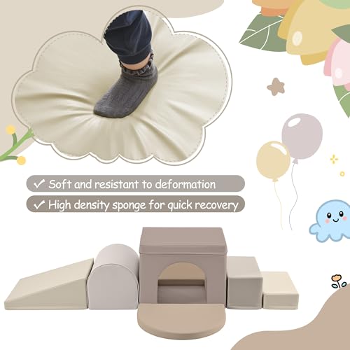 Merax Indoor Soft Foam Tunnel Climber, Toddler Climbing Toys with Tunnel, Steps and Ramp, Soft Climb and Crawl Playset Baby Soft Foam Blocks, 7-piece - color: Cappuccino