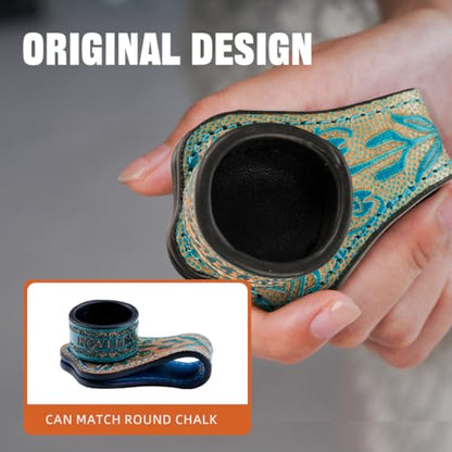 KONLLEN Leather Magnetic Chalk Holder, Pool Cue Accessory | Round or square engraved leather holder keeps billiard chalk secure and easy to reach during pool play. - color: VT Holder-Blue-round