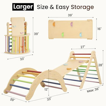 Belleur Pikler Triangle Set, 7-in-1 Foldable Climbing Toys for Toddlers 1-6 Years Old, Wooden Montessori Climbing Set with Arch, Ramp & Ladder, Baby Indoor Climber Jungle Gyms - Rainbow - color: Rainbow