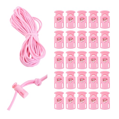 Mandala Crafts Pink Shock Cord & Cord Locks for Elastic Drawstrings | 10 YDs Bungee String, 25 Spring Toggle Clips, End Stopper Clamps, for Shoelaces, Paracord, Jackets, Hoodies, Backpacks - color: Pink