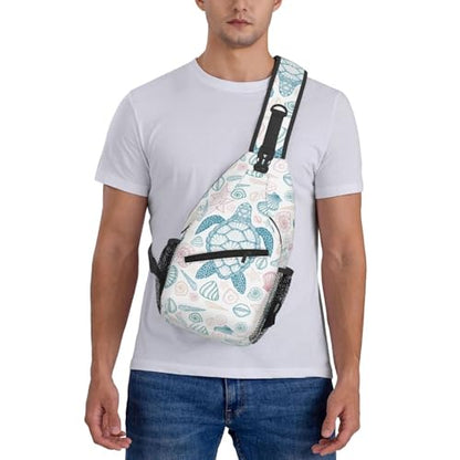Sea Turtle Crossbody Sling Bag for Women Men Coastal Sea Animal Turtle and Shells in Line Art Style Travel Sling Backpack Casual Shoulder Bag Underwater World Print Sports Hiking Daypack - color: Blue Pink