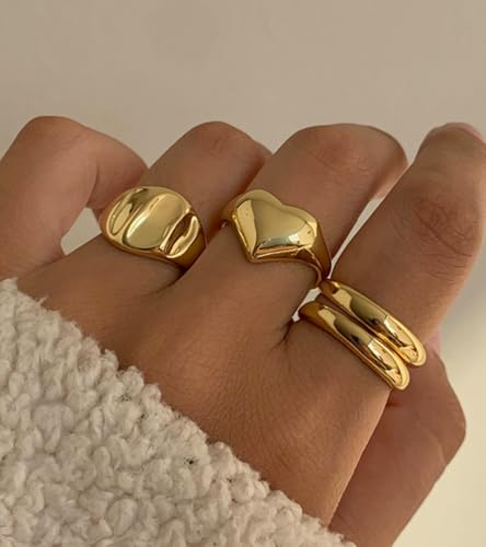 YEEZII Chunky Gold Rings for Women Non Tarnish, 18K Gold Plated Stackable Thumb Ring, Statement Women Rings Set - color: Gold-D