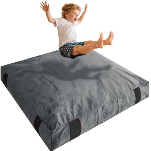 AceSoul Crash Pad, 4 x 4 Ft / 5 x 5 Ft Crash Pad for Kids Sensory with Shredded Foam Filling, Crash Mat for Play with Anti-Slip Bottom, Removable Washable Cover - color: Dark Gray, size: 5x5 Feet