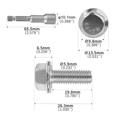 M6x20mm Serrated Flanged Hex Head Screws Bolts 25pcs HS/JXLS-10 | 304 Stainless Steel, External Hex Machine Screws, Equipped with Hex Sleeve, for Construction, for Automotive, for Industrial - size: M6x20mm