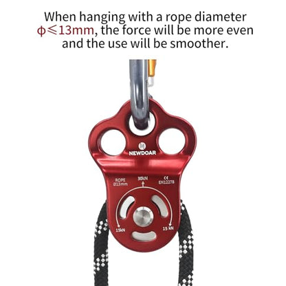 NewDoar 30 KN CE Certified Three Holes Rescue Climbing Pulley,for Max Rope 13mm Rope Hauling with Bearing Rappelling, Zipline,Durability Side Plates - color: Pack of 2(30KN Pulley Red)
