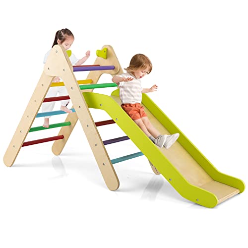 HONEY JOY Triangle Climber with Ramp, Kids Climbing Triangle Ladder for Daycare, Gym & Playground, Wooden Montessori Climbing Toys for Toddlers, Gift for Boys Girls - color: Colorful, size: 2-In-1 with Slide
