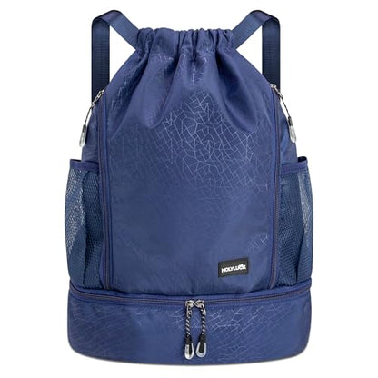 HOLYLUCK Drawstring Backpack with Shoe Compartment, Gym Bag Backpack for Men Women, Cinch Swim Beach Bag String Sports Bag for Soccer and Basketball, Blue - color: Blue