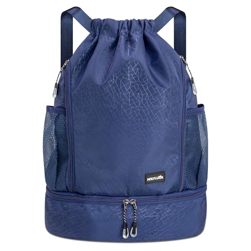 HOLYLUCK Drawstring Backpack with Shoe Compartment, Gym Bag Backpack for Men Women, Cinch Swim Beach Bag String Sports Bag for Soccer and Basketball, Blue - color: Blue