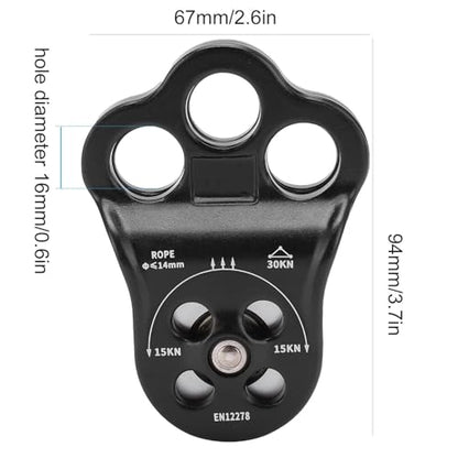 30KN Climbing Pulley, Three Hole Hitch Climbing Assist Pulley Climber Double Bearing for Rock Rappelling Zipline Sports Rigging Hauling Arborist