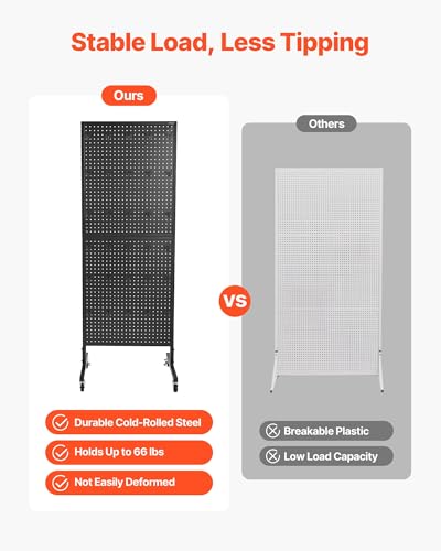 VEVOR Standing Pegboard Display, 23.6 x 63 in Pegboard Display Stand with Swivel Casters and 30 Hooks, Thickened Cold-Rolled Steel Peg Board Panel for Grocery, Retail Store and Jewelry Shop, Black - style: Standard Style