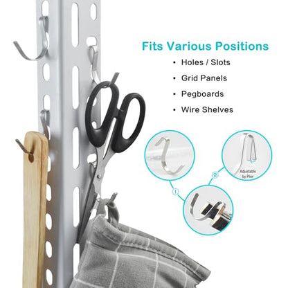 Pegboard J Hooks Silver 40pcs Peg Board Metal Tool Hangers for Garage Craft | 1/4" Pegboard Accessories, Stainless Steel Hooks, Adjustable J Hook for Slot Panels, Wire Shelves, Garage Racks, Grid Walls - style: 40pcs Silver J Hooks