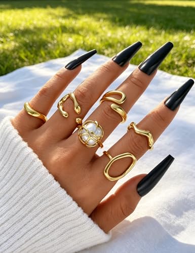 YEEZII Chunky Gold Rings for Women Non Tarnish, 18K Gold Plated Stackable Thumb Ring, Statement Women Rings Set - color: Gold-E