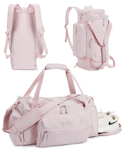 BAGSMART 4-IN-1 Gym Bag for Women Men, TSA Duffle Bag for Travel | With Shoe Compartment & Wet Pocket, 22L/30L/38L Tactical Backpack with 40oz Water Bottle Holder, Lightweight, Water-resistant - color: A-Baby pink