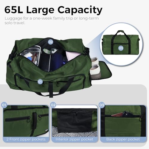 Fmeida 65L Duffle Bag with Shoes Compartment, Foldable Travel Duffel Bags for Men Women, Large Packable Travel Bag Water Repellent & Tear Resistant (Green) - color: Glossy Green