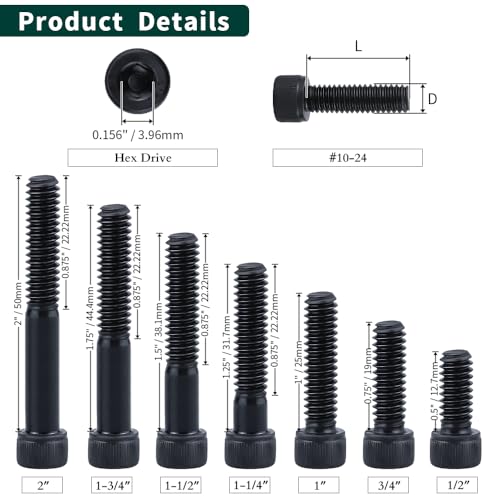 #10-24 x 2 Socket Head Cap Screws Bolts, 12.9 Grade Alloy Steel, Black Oxide Finish, Allen Hex Drive, Partial Thread, 50-Pack - size: #10-24 x 2"