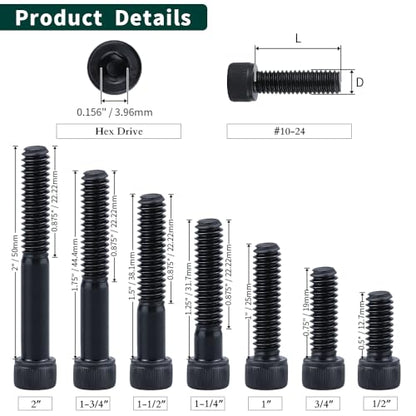 #10-24 x 1/2" Socket Head Cap Screws Bolts, 12.9 Grade Alloy Steel, Black Oxide Finish, Allen Hex Drive, Full Thread, 50-Pack - size: #10-24 x 1/2"