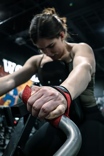 Pair of Deluxe Straps for Weights, Dumbbells, Gym and Crossfit with Non-Slip Grip and Durable Never Give Up Design - color: Red