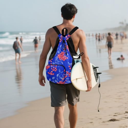 Drawstring Gym Bags For Men Women Climbing Gym Bag With Pockets String Swim Bag Waterproof Red Rowanberry Fruit Royal Blue