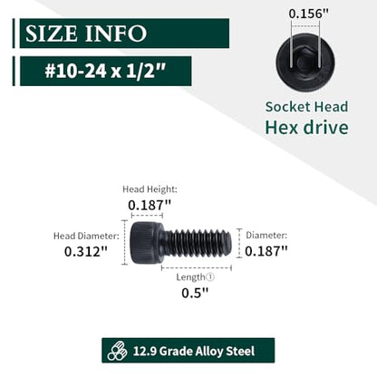 #10-24 x 1/2" Socket Head Cap Screws Bolts, 12.9 Grade Alloy Steel, Black Oxide Finish, Allen Hex Drive, Full Thread, 50-Pack - size: #10-24 x 1/2"