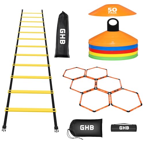 GHB Agility Ladder 1PCS Agility Cones 50PCS Hex Agility Rings 1 Pack