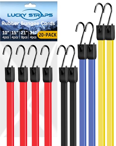 Lucky Straps 10" 15" 21" 31" Rubber Bungee Cords with Hooks, 20 Pack | 100% Rubber Tarp Straps with 1.9X Max Stretch Assorted Sizes, Weatherproof for Cargo, Vans, Trucks, Motorcycles & Outdoor Use - size: 10"+15"+21"+31", style: 100% Rubber
