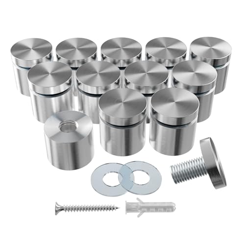 12-Pack Stainless Steel Standoff Screws with Wall Anchors & Rubber Pads – Sign Mounting Hardware for Acrylic Signs, Photo Frames, Advertising Boards, Silver (1" x 1" / 25mm x 25mm) - size: 1" x 1" / 25mm x 25mm