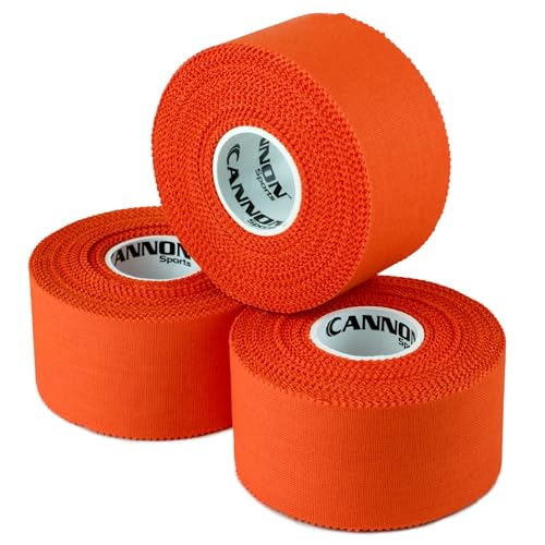 Cannon Sports Premium Athletic Tape - 1.5” x 45 Feet Per Roll - Easy Tear, No Sticky Residue, Very Strong, Hypoallergenic and Latex Free - Ideal for Sprains, Strains, First Aid - Pack of 3 (Orange) - color: Orange