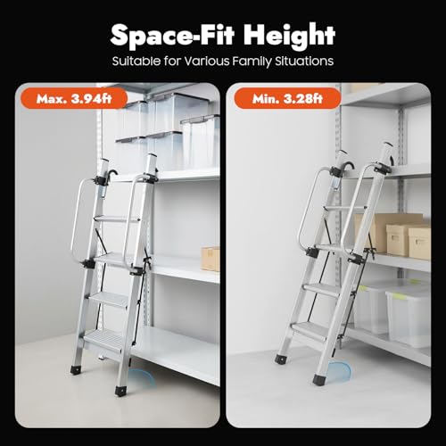 4-Step Ladder, Adjustable Home RV Loft Stair Bed Ladder Step Stool Ladder with Handrail & 5 Pedal Gears, 330.69lbs Capacity Wall & Floor-Mounted Truck Boat Safety Climb Stair