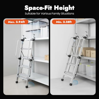 4-Step Ladder, Adjustable Home RV Loft Stair Bed Ladder Step Stool Ladder with Handrail & 5 Pedal Gears, 330.69lbs Capacity Wall & Floor-Mounted Truck Boat Safety Climb Stair
