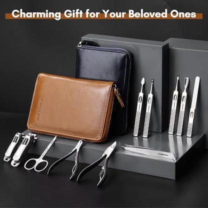FAMILIFE Manicure Set, 11 in 1 Professional Manicure Kit Nail Clippers Set, Stainless Steel Pedicure Tools Toe Nail Kit, Men Grooming Tool with Portable Brown Leather Travel Case Gifts for Men Women - color: Brown