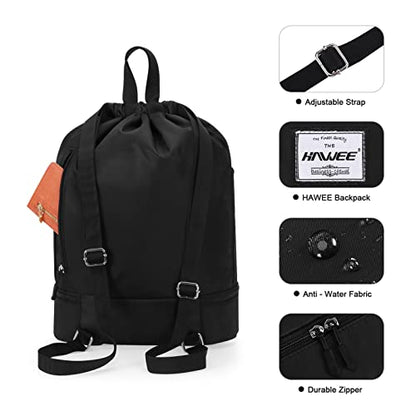 Dry Wet Drawstring Backpack with Shoe Compartment for Women Adjustable Gym Bag - color: Black