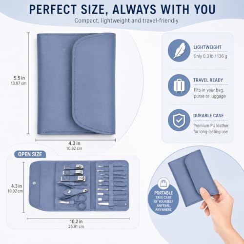 Nail Kit Clippers Pedicure Tools for Feet-Professional Travel Nail Kit 16pcs Grooming Kit Portable Case - color: 16 Blue Items