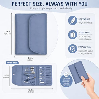 Nail Kit Clippers Pedicure Tools for Feet-Professional Travel Nail Kit 16pcs Grooming Kit Portable Case - color: 16 Blue Items