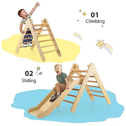 OLAKIDS Pikler Triangle Set 2 in 1 Climbing Toys for Toddlers Foldable Wood Montessori Baby Jungle Gym with Ladder Ramp Slide Kids Indoor Playground Activity Play Structure - color: Natural