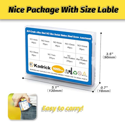 Kadrick 1000PCS M2 Screw Assortment kit,M2 Screws with Nuts and washers, Grade 10.9 Alloy Steel Hex Socket Button Head Black Bolts Nuts Kit,Lenth Form 4mm-20mm - size: M2 1000Pcs 4-20mm