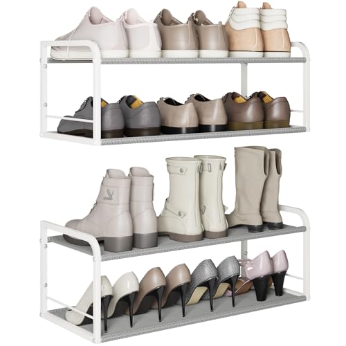 2 Pack Wall Mounted Shoe Rack, Carbon Steel Shoe Organizer with Removable Oxford Cloth, Non-Slip Space-Saving for Entryway Closet Bedroom, White - color: Classic White-2pack
