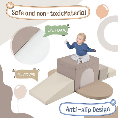 Merax Indoor Soft Foam Tunnel Climber, Toddler Climbing Toys with Tunnel, Steps and Ramp, Soft Climb and Crawl Playset Baby Soft Foam Blocks, 7-piece - color: Cappuccino
