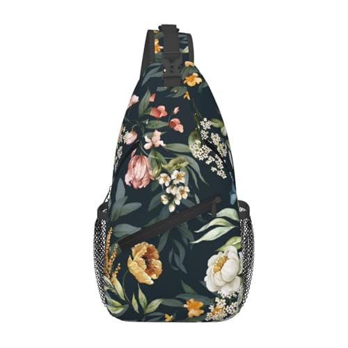 Floral Crossbody Sling Bag for Women Men Watercolor Pink Blush Flower Green Leaves Branches Travel Sling Backpack Casual Chest Shoulder Bag Colorful Flower Print Gym Sports Hiking Daypack - color: Pink Yellow Black