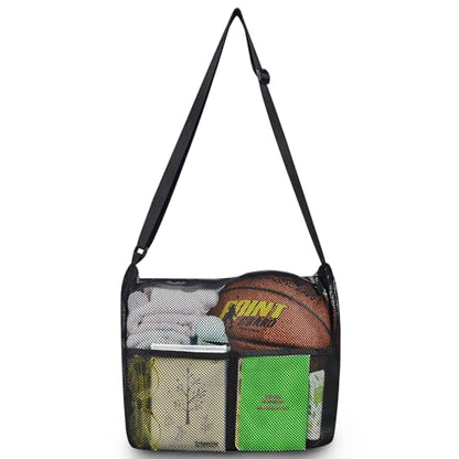 Mildbeer Gym Tote Bag, Mesh Bag Crossbody Satchel 12x6x12 for Gym Beach Ball Games Training Camping Hiking Clothes Storage - color: Black