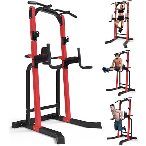 Outdoor Basic Power Tower, Pull Up Bar and Dip Station for Home Gym, 1500LBS Weight Capacity, Adjustable Height, Heavy Duty Steel Frame for Calisthenics, Strength Training Fitness Equipment - color: Red