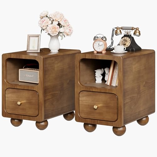 Mid Century Modern Nightstand, Narrow Nightstand Set of 2, Walnut Wood Night Stand with Drawers, Small Compact Beside Table with Open Storage Shelf for Small Space Bedroom (12 inch) - color: Walnut-2pcs, size: 11.7*15*18.5 Inch