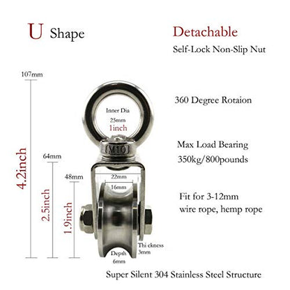 Heyous 1-Pack U Type Swivel Pulley 304 Stainless Steel Duplex Bearing Super-Silent Detachable 360 Degree Rotation Heavy Duty Traction Wheel - style: U Type Slot