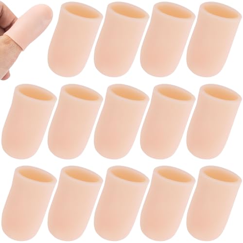 PAGOW 14pcs Gel Finger Cots/Covers, Silicone Finger Protector Support, Finger Caps Finger Sleeves Thumb Protector for Finger Cracking Trigger Finger Arthritis Pain Relief (Beige, Small) - color: [14pcs] Small, Beige