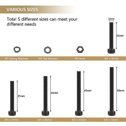 242 Pieces Black M5 x 30/35 /40/45 /50 mm Hex Socket Head Cap Screws Nuts Washers Assortment Kit, 12.9 Grade Alloy Steel - size: M5 x 30/35/40/45/50mm, style: Socket Head