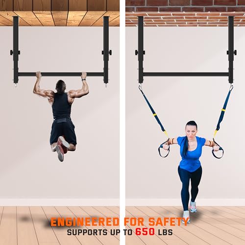 48" Ceiling Mount Pull Up Bar, Heavy Duty Multi-Grip Rafter Chin Up Bar for Garage/Basement/Backyard Ceiling Beam, Adjustable Height&Supports to 650 Lbs - color: Black
