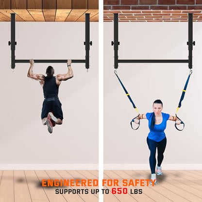 48" Ceiling Mount Pull Up Bar, Heavy Duty Multi-Grip Rafter Chin Up Bar for Garage/Basement/Backyard Ceiling Beam, Adjustable Height&Supports to 650 Lbs - color: Black