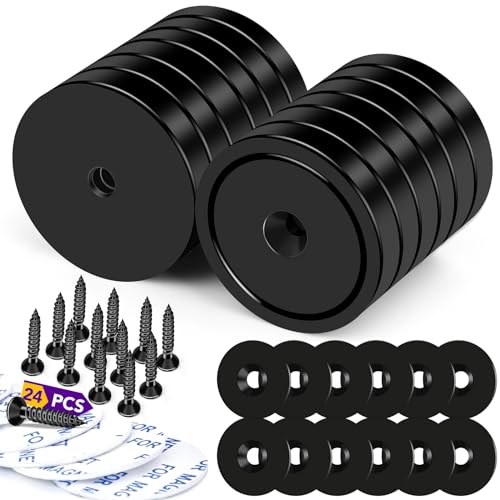 Strong Rare Earth Neodymium Magnets with Screws, 150Lbs, 12 Pack | Heavy Duty Disc Cup Magnets with Countersunk Hole and Adhesive Backing for Kitchen, Tool Room, and Wall Hanging - size: 1.42 inch