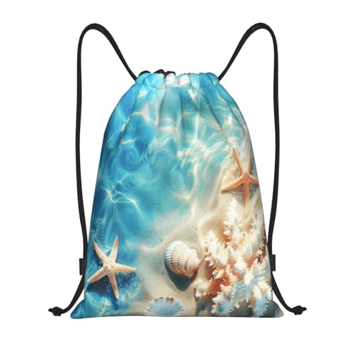 Drawstring Sports Backpacks - Lightweight Swim Gym Bags for Women Men String Sackpack for Beach Travel Yoga(Small, Beach Seashells Starfish) - color: Beach Seashells Starfish, size: Small